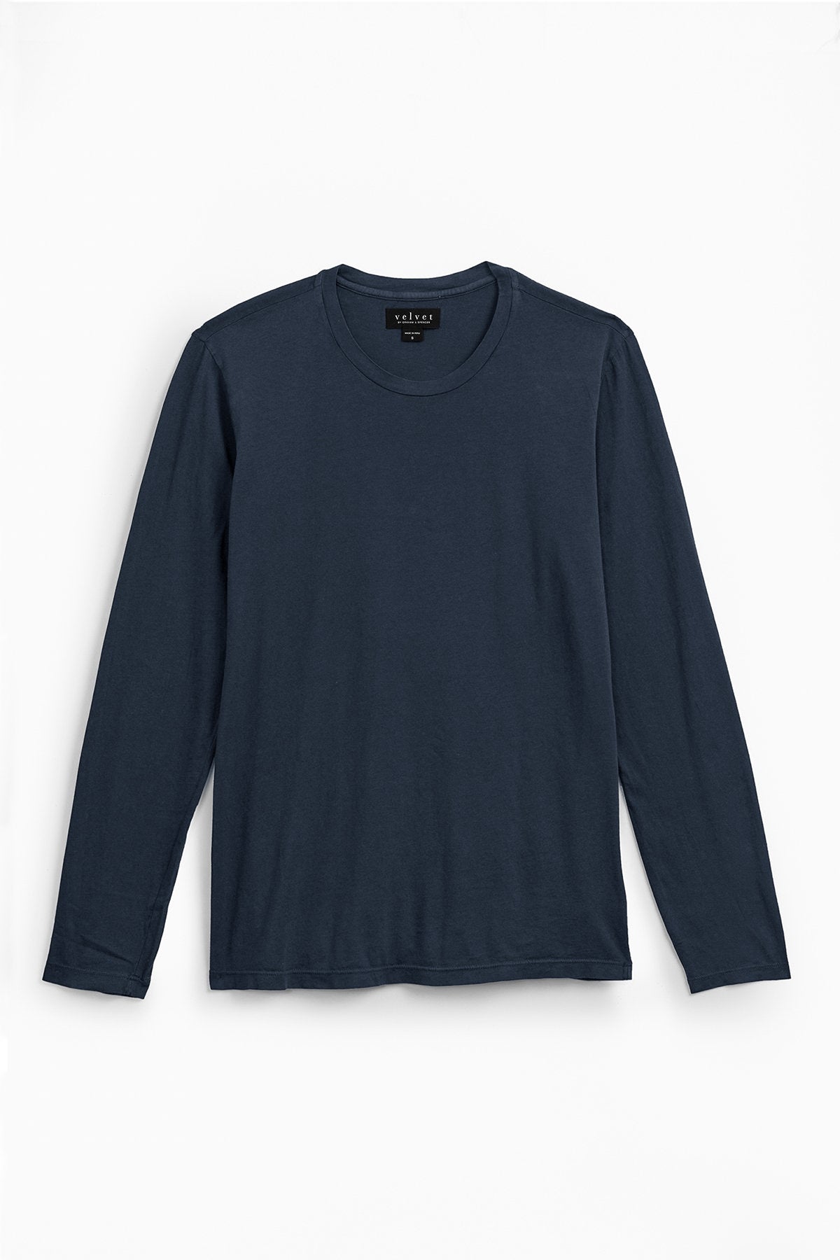   A plain, long-sleeved, dark blue SKEETER TEE by Velvet by Graham & Spencer with a round neckline, crafted from whisper cotton knit and displayed against a white background—an incredibly versatile wardrobe addition. 