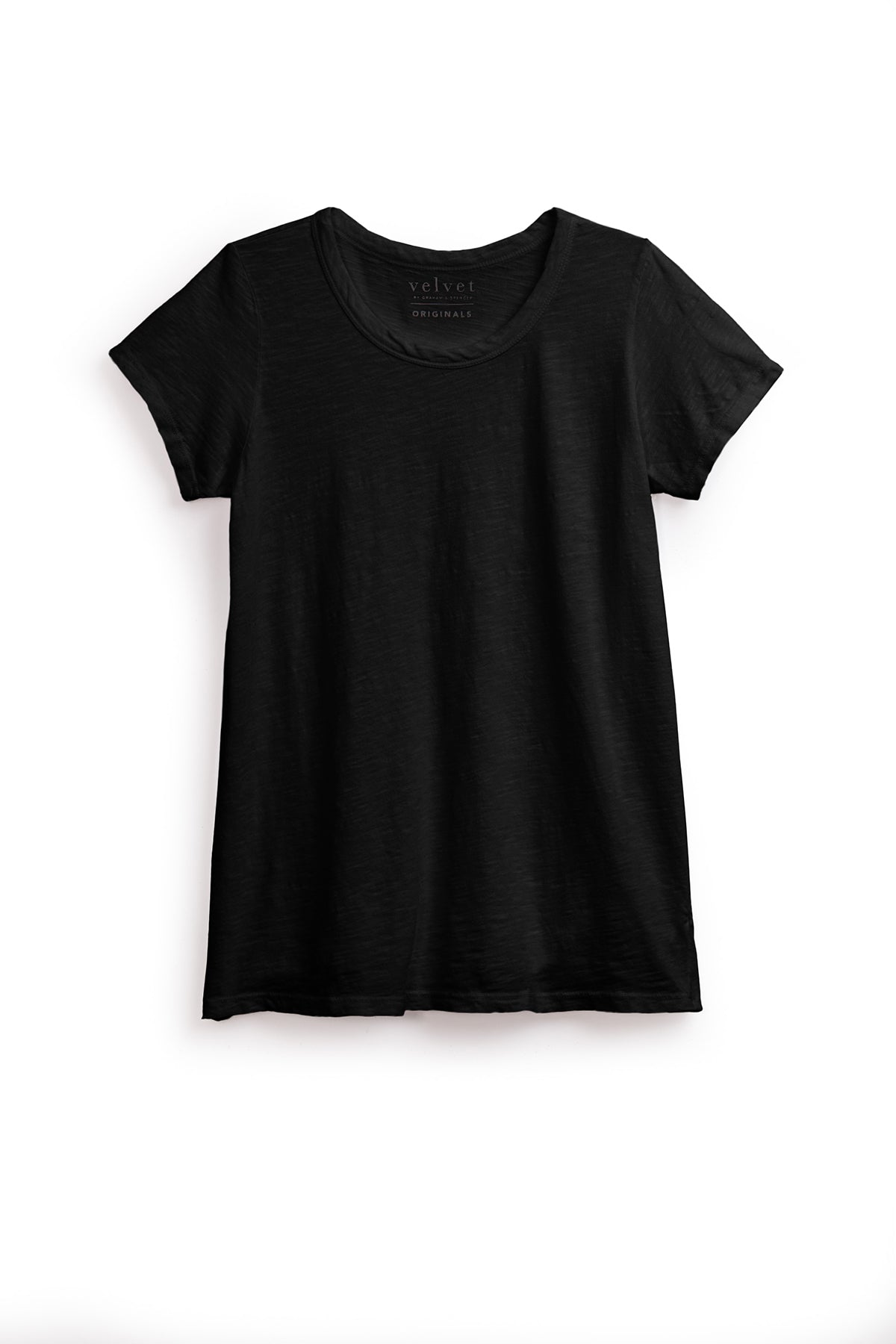   A plain black short-sleeve t-shirt against a white background, the Velvet by Graham & Spencer TILLY TEE boasts a round neckline and a slightly wrinkled texture, made from soft cotton slub. 