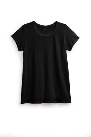 A plain black short-sleeve t-shirt against a white background, the Velvet by Graham & Spencer TILLY TEE boasts a round neckline and a slightly wrinkled texture, made from soft cotton slub.