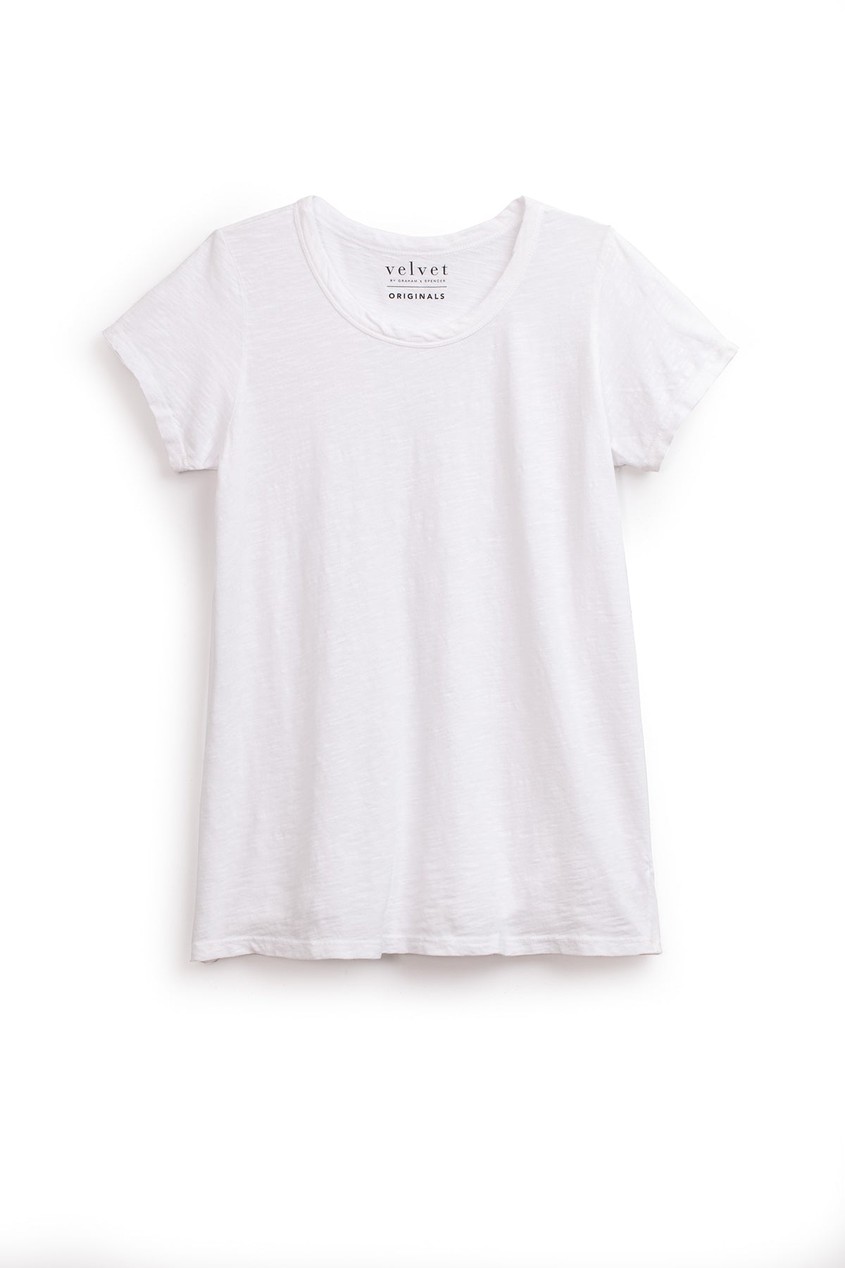   Plain white short-sleeved T-shirt with a California classic crew neck tee on a white background. The label reads 