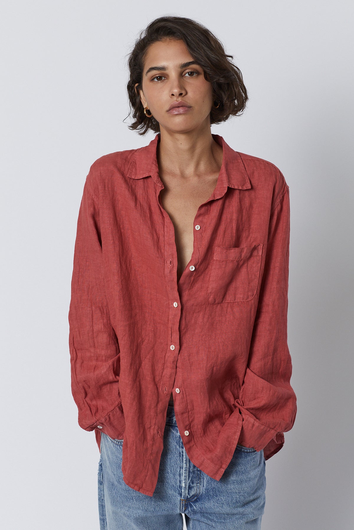   Mulholland Button Up Linen Shirt in cedar with blue denim front 