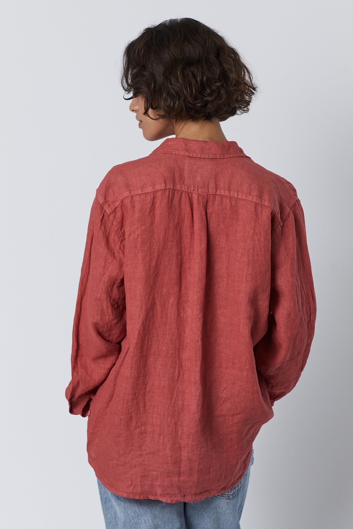 Mulholland Button Up Linen Shirt in cedar with blue denim back-26002914279617